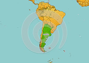 Argentina map showing country highlighted in green color with rest of South America countries in brown