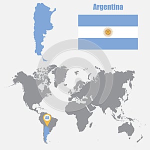 Argentina map on a world map with flag and map pointer. Vector illustration