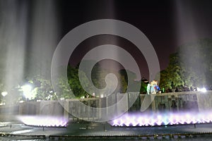 Argentina Mendoza water fountain in the Plaza de la Independencia at night illuminated with dancing waters