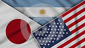 Argentina United States of America Japan Flags Together Fabric Texture Illustration