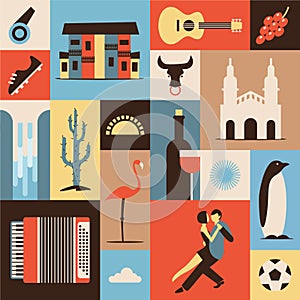 Argentina, vector flat illustration, icon set, travel background