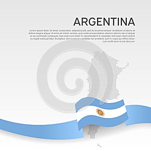 Argentina wavy flag and mosaic map on white background. National poster. Wavy ribbon argentina flag colors. Vector banner design