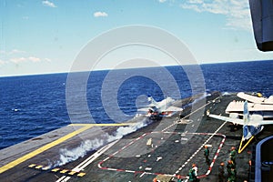 Argentina year 1982 -ara aircraft carrier May 25 taking off a Douglas A-4 Skyhawk is a embarked attack aircraft designed by the