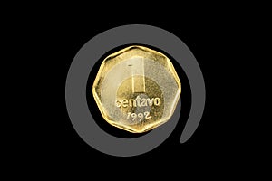 Argentine Gold One Centavo Coin Isolated On Black