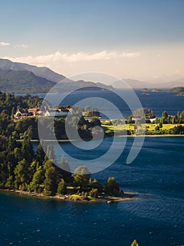 Argentine Lake District at sunrise view of the Llao Llao hotel and the lake lago Nahuel Huapi photo