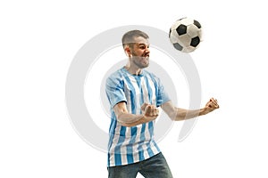 The Argentinean soccer fan celebrating on white background