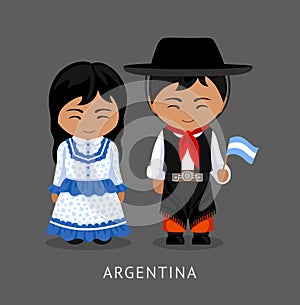 Argentines in national dress with a flag.