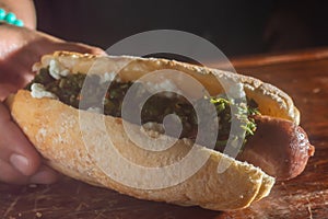 Argentinian choripan. bbq hot dog witch chimichurri sauce and Italian bread