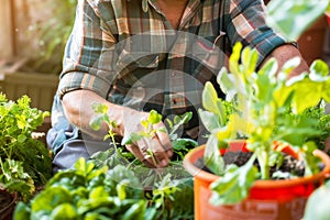 Argentinian man is actively engaged in caring for plants in an urban garden setting. Concept of latin people and sustainability