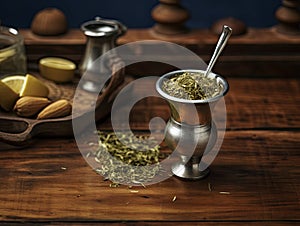 Argentinian mate tea in calabash gourd with bombilla stick. Generative AI