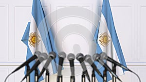 Argentinian official press conference. Flags of Argentina and microphones. Conceptual 3D rendering
