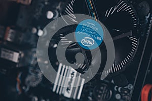Arges Romania 02 15 2021: Processor cooler Intel. computer electronic components