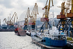 Ñargo cranes in the port in the winter and boats