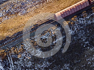 Ð¡argo trains. Wagons with goods on railroad. Heavy industry. Industrial conceptual scene. Aerial. Top view. Vintage style