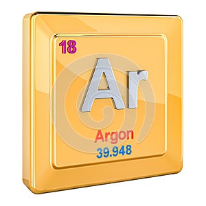 Argon Ar, chemical element sign with number 18 in periodic table. 3D rendering