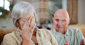 Argue, fight and senior couple on sofa for divorce, breakup and separation in living room. Marriage crisis, depression