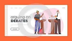 Arguing On Debates Landing Page Template. Dialogue Between Young And Senior Men Behind The Podium