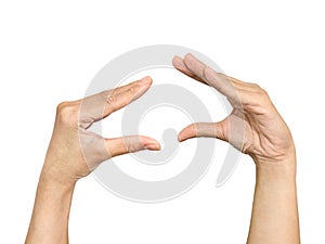 Arguing, talking, yelling, yapping, shouting hands pose isolated on white background