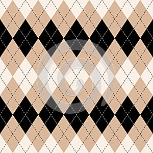 Argyle pattern in beige, black, brown. Classic neutral stitched vector background graphic for gift paper, socks, sweater, jumper.