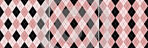 Argyle pattern in black and powder pink for Valentines Day. Seamless geometric vector set for gift card.