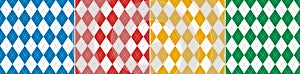 Argyle pattern set in colorful bright red, blue, green, yellow, white. Geometric stitched vector background for gift paper, socks.
