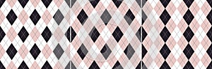 Argyle pattern for Valentines Day in powder pink, black, white. Seamless geometric vector set for gift card.