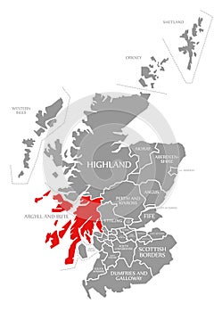 Argyll and Bute red highlighted in map of Scotland UK