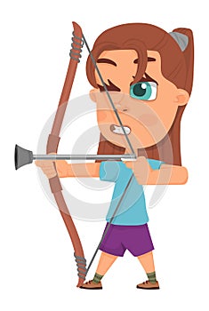 Arher girl. Kid shooting from arrow bow. Child sport