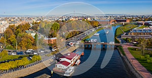 Arial drone panoramic view of St. Peterburg. Bridge between Petrograd side and Hare Island. Sankt Peterburg. Istoric center.