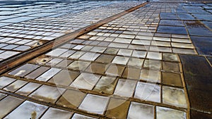 Arial drone view of salting harvesting farm in India salt production from sea water