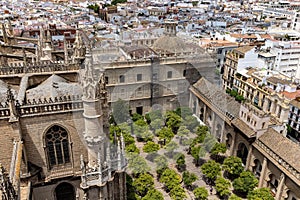 Arial shot of the cathedral Patio de los naranjos and the historical buildings of Seville, Spain photo