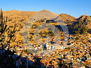 Arial view of Copacabana town with white Basilica of Our Lady of Copacabana, Bolivia, Latin America