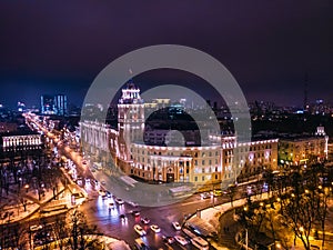 Arial view of famous Voronezh building with tower in night, symbol of Voronezh and evening cityscape with rads