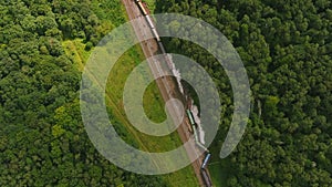 Arial view. Freight train accident, transport derailment, damaged of train