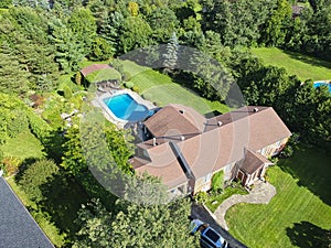 Arial view of a home with a pool