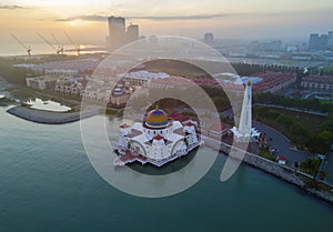 Arial view of Malacca Straits Mosque during sunset.