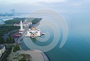 Arial view of Malacca Straits Mosque during sunset