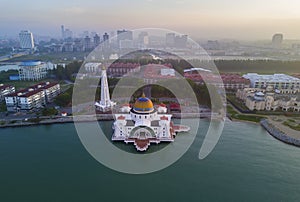 Arial view of Malacca Straits Mosque during sunset