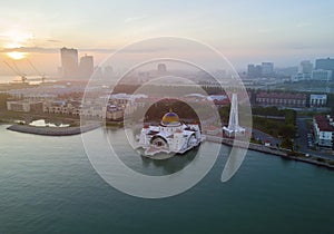 Arial view of Malacca Straits Mosque during sunset