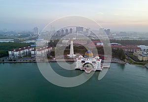 Arial view of Malacca Straits Mosque during sunset