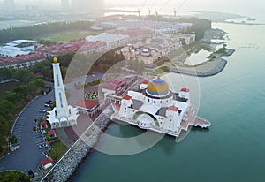 Arial view of Malacca Straits Mosque during sunset