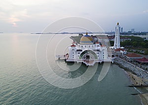 Arial view of Malacca Straits Mosque during sunset