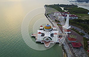 Arial view of Malacca Straits Mosque during sunset