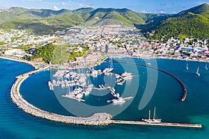 Arial view of Marigot, the main town and capital in the French Saint Martin, sharing the same island with dutch Sint Maarten.