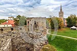 Arial view on old castle ruins in Cesis town, Latvia