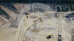 Arial view of the opencast mine. Front end loader loading sand into dump truck in open pit. Heavy mining machinery working in