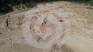 Arial view of the sand making plant in open-pit mining. Heavy mining machinery and equipment works in open pit mine. Wheel loader