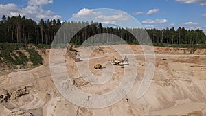 Arial view of the sand making plant in open-pit mining. Heavy mining machinery and equipment works in open pit mine. Wheel loader