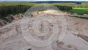 Arial view of the sand making plant in open-pit mining. Heavy mining machinery and equipment works in open pit mine. Wheel loader