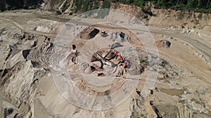 Arial view of the sand making plant in open-pit mining. Heavy mining machinery and equipment works in open pit mine. Wheel loader